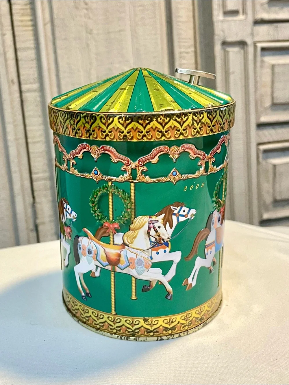 *GUC* 2008 German Cookie Tin & Music Box - Green - Christmas Carousel Horses